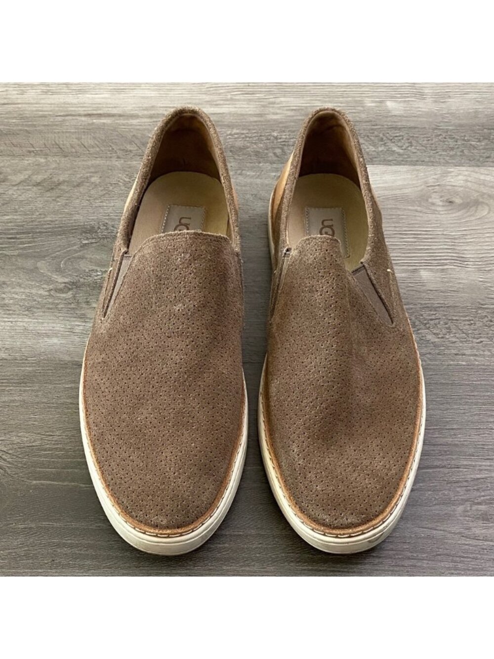 UGG Adley Perf Caribou Suede Slip On Shoes Brown White Tan Womens Sz 10
